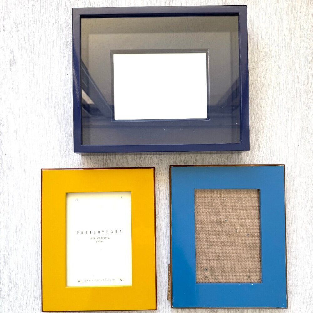 Lot/Set of 3 Pottery Barn Wood Lacquer Photo Frames 5x7 in Blues and Yellow